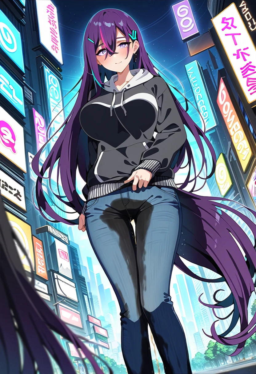 (masterpiece:1.37), best quality, (extremely detailed:1.37), woman, mature, adult, large breasts, (very long hair:1.5), dark purple hair, purple eyes, (extremely detailed eyes:1.37), hoodie, jeans, desperation, (wetting: self 3.0), standing, city, futuristic, neon lighting, high-tech