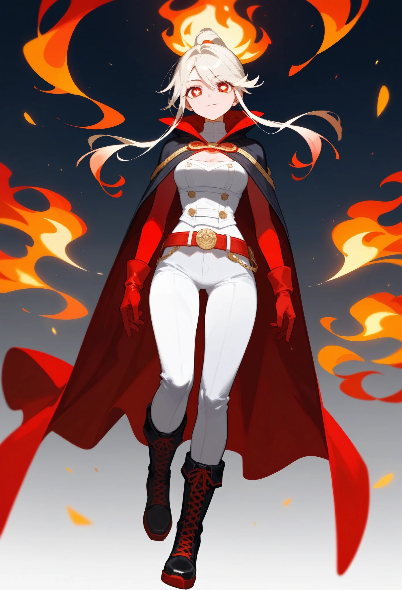 Woman, 
Red eyes,
Flame-shaped pupils with a flickering inner light.
Red gradient hair fading to golden tips, tied in a sleek ponytail with two loose locks framing her face.
Chest Adornment : A stack of white feathers.
Top : Fitted, complements athletic build.
Waist : A belt accentuating her figure.
Tight white pants.
Black leg rings.
Long black boots.
Black and red gloves.
Cloak : Red with golden edges.

Personality and Background :

Confident, bold, and fiercely independent.
Leader with a compassionate heart and a deep sense of justice and spirit of a fighter
From a lineage of warriors, trained in combat and strategy.
Possesses fire manipulation abilities.
Motivated to protect her homeland and uphold her family's legacy.