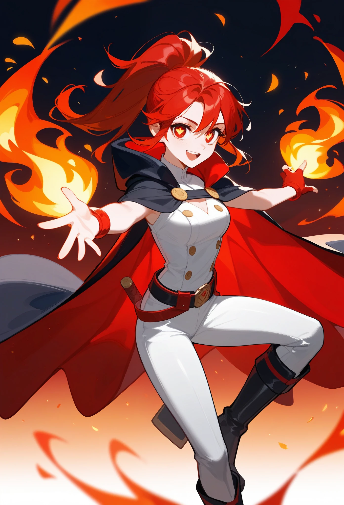 Woman,
Red eyes,
Flame-shaped pupils with a flickering inner light.
Red gradient hair fading to golden tips, tied in a sleek ponytail with two loose locks framing her face.
Chest Adornment : A stack of white feathers.
Top : Fitted, complements athletic build.
Waist : A belt accentuating her figure.
pants.
Black leg rings.
Long black boots.
Black and red gloves.
Cloak : Red with golden edges.
Personality and Background :
Confident, bold, and fiercely inent.
Leader with a compassionate heart and a deep sense of justice and spirit of a fighter
From a lineage of warriors, trained in combat and strategy.
Possesses fire manipulation abilities.
Motivated to protect her homeland and uphold her family's legacy.