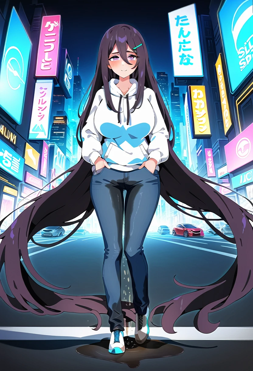 (masterpiece:1.37), best quality, (extremely detailed:1.37), woman, mature, adult, large breasts, (very long hair:1.5), dark purple hair, purple eyes, (extremely detailed eyes:1.37), hoodie, jeans, desperation, (wetting: self 3.0), standing, city, futuristic, neon lighting, high-tech, full body
