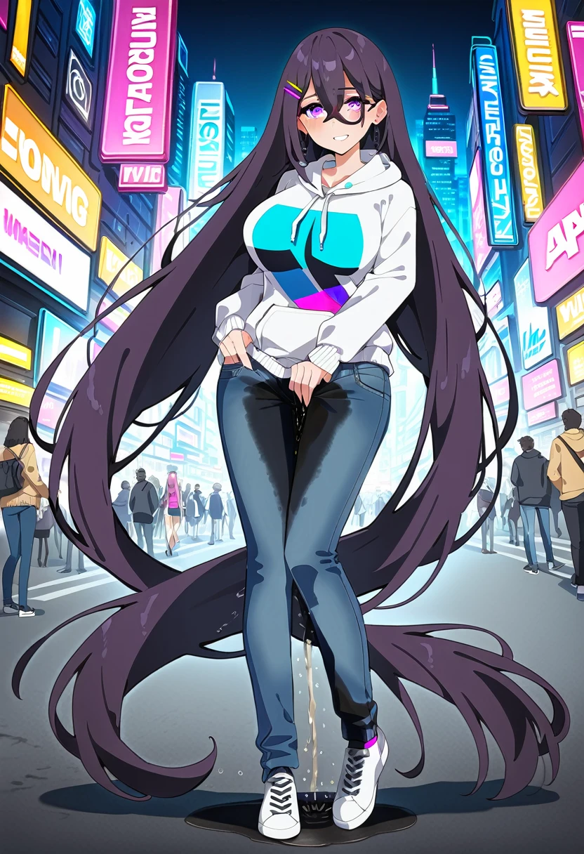 (masterpiece:1.37), best quality, (extremely detailed:1.37), woman, mature, adult, large breasts, (very long hair:1.5), dark purple hair, purple eyes, (extremely detailed eyes:1.37), hoodie, jeans, desperation, (wetting: self 3.0), standing, city, futuristic, neon lighting, high-tech, full body