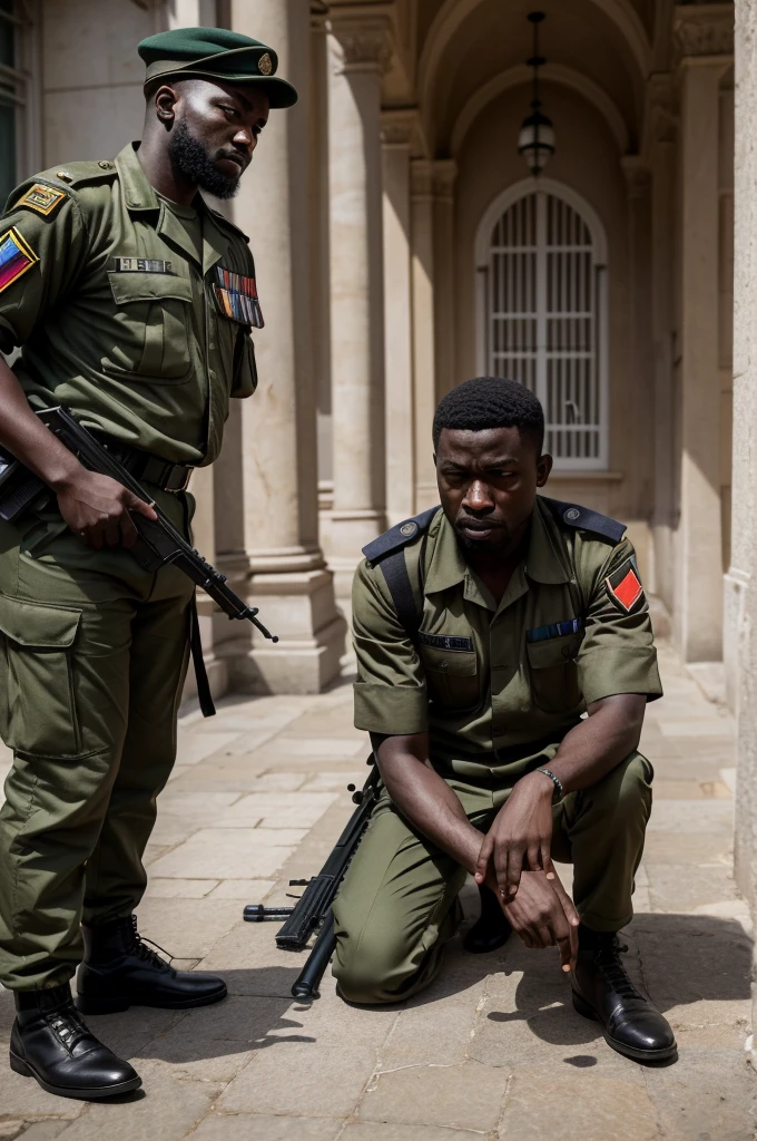 ((cinematic photo masterpiece, best quality, High Detail, sharp focus, . 35mm photograph, film, 8k, hyper-realism)) at the Marble Palace, Rashidi, a soldier and bodyguard to President Kabila, is seen on the ground in pains after being shot in the legs by another soldier, Mulumba.
Foreground:
Show Rashidi, around 14-16 years old, lying on the ground in pain.
He should be wearing military fatigues, with his body positioned to indicate he was mid-sprint before being shot.
Mulumba, also around 14-16 years old, stands a few feet away, holding a rifle aimed at Rashidi, his expression serious and resolute.
Mulumba should be in similar military fatigues, standing in a stance of authority and tension.
Background:
Partially reveal the opulent Marble Palace with its grand marble columns and luxurious details.
Kapend, the ADC to the president can be seen at a distance in the background approaching the scene.
Details and Emphasis:
Focus on the intense emotions on Rashidi and Mulumba’s faces – Rashidi’s pain and fear, Mulumba’s determination.
Mulumba should have a firm grip on his rifle, ready to act further if needed, emphasizing his role in stopping Rashidi.