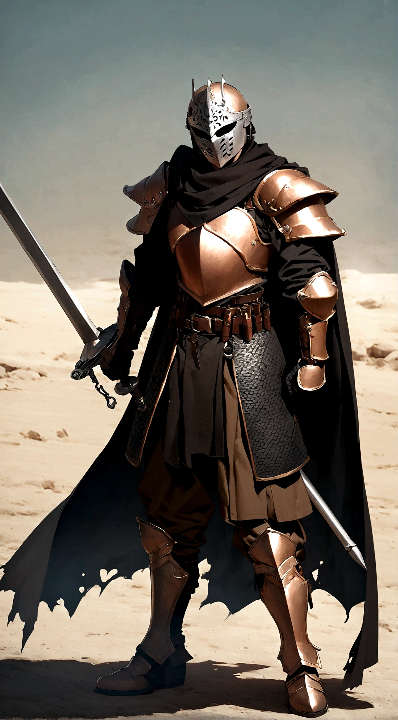 1boy, armor, light armor, Hauberk, black chainmail, brown pants, boots, copper armor, chestplate, bandolier, belts, shoulder plates, light shoulder armor, arm armor, leg armor, ragged cloak, ragged shouldercape, ragged skirts, black skirts, tattered scarf, black scarf, plain mask, fencing, rapier, buckler, Height=1.83m, BodyType=slim fit, masked, helmet, bandages, Middle Eastern inspiration, sultan's guard, mysterious appearance