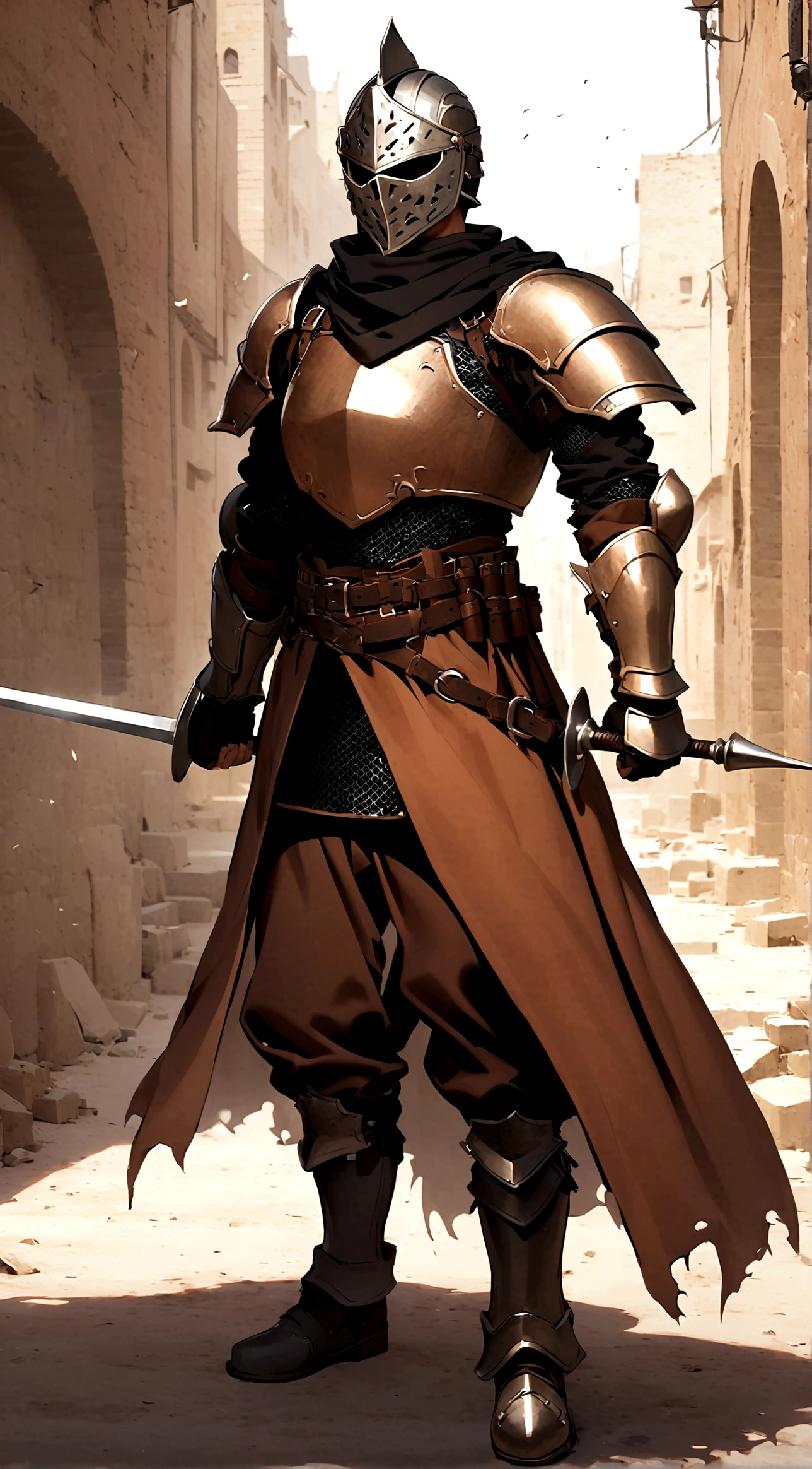 1boy, armor, light armor, Hauberk, black chainmail, brown pants, boots, copper armor, chestplate, bandolier, belts, shoulder plates, light shoulder armor, arm armor, leg armor, ragged cloak, ragged shouldercape, ragged skirts, black skirts, tattered scarf, black scarf, plain mask, fencing, rapier, buckler, Height=1.83m, BodyType=slim fit, masked, helmet, bandages, Middle Eastern inspiration, sultan's guard, mysterious appearance