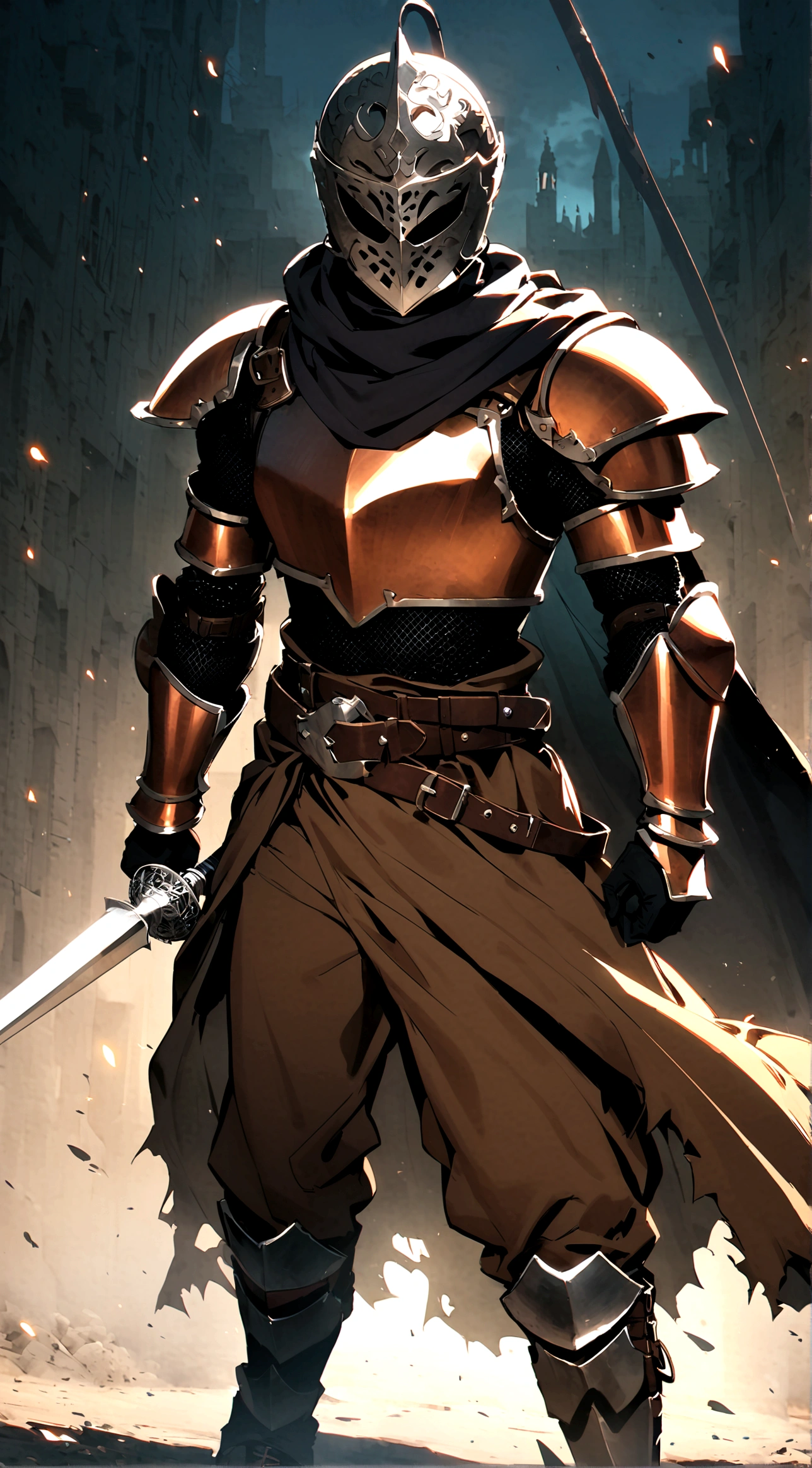 1boy, armor, light armor, Hauberk, black chainmail, brown pants, boots, copper armor, chestplate, bandolier, belts, shoulder plates, light shoulder armor, arm armor, leg armor, ragged cloak, ragged shouldercape, ragged skirts, black skirts, tattered scarf, black scarf, plain mask, fencing, rapier, buckler, Height=1.83m, BodyType=slim fit, masked, helmet, bandages, Middle Eastern inspiration, sultan's guard, mysterious appearance