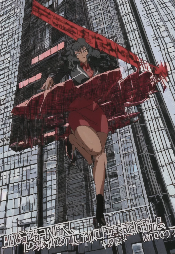 Make a anime black business woman in a red skirt suit outside of a evil company building holding her skirt up