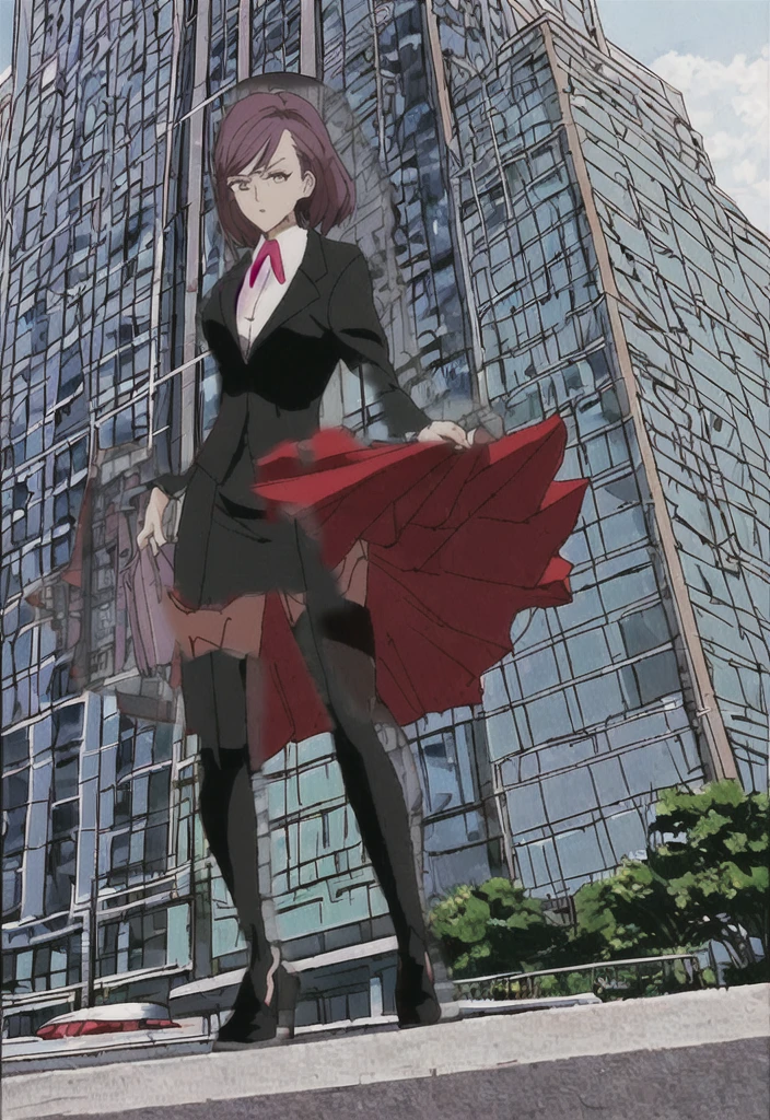 Make a anime black business woman in a red skirt suit outside of a evil company building holding her skirt up