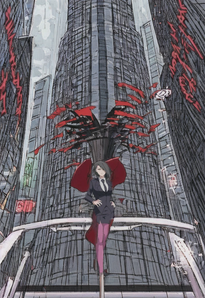 Make a anime black business woman in a red skirt suit outside of a evil company building holding her skirt up