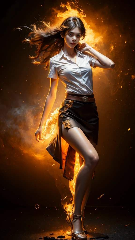 (fire element:1.2), knee shot, It consists of fire element,fire, transparency, burning, Frame print,burning hair,smoke,cloud,chopped, girl engulfed in flames, Flames fly and sparks scatter,mano burning,translucent luminescence, 18s woman in thai university uniform, long straight fire hair, white short-sleeve shirt, black tight mini skirt, brown belt, masterpiece:1.2, high detail, realistic, cinematic scene, fire goddess, slim and perfect figure, perfect body proportion,k, 16k, close up, portrait photo, dynamic powerful sexy pose, dynamic compositions