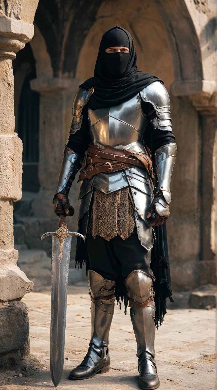 1boy, armor, light armor, Hauberk, black chainmail, brown pants, boots, copper armor, chestplate, bandolier, belts, shoulder plates, light shoulder armor, arm armor, leg armor, ragged cloak, ragged shouldercape, ragged skirts, black skirts, tattered scarf, black scarf, plain mask, fencing, rapier, buckler, Height=1.83m, BodyType=slim fit, masked, helmet, bandages, Middle Eastern inspiration, sultan's guard, mysterious appearance