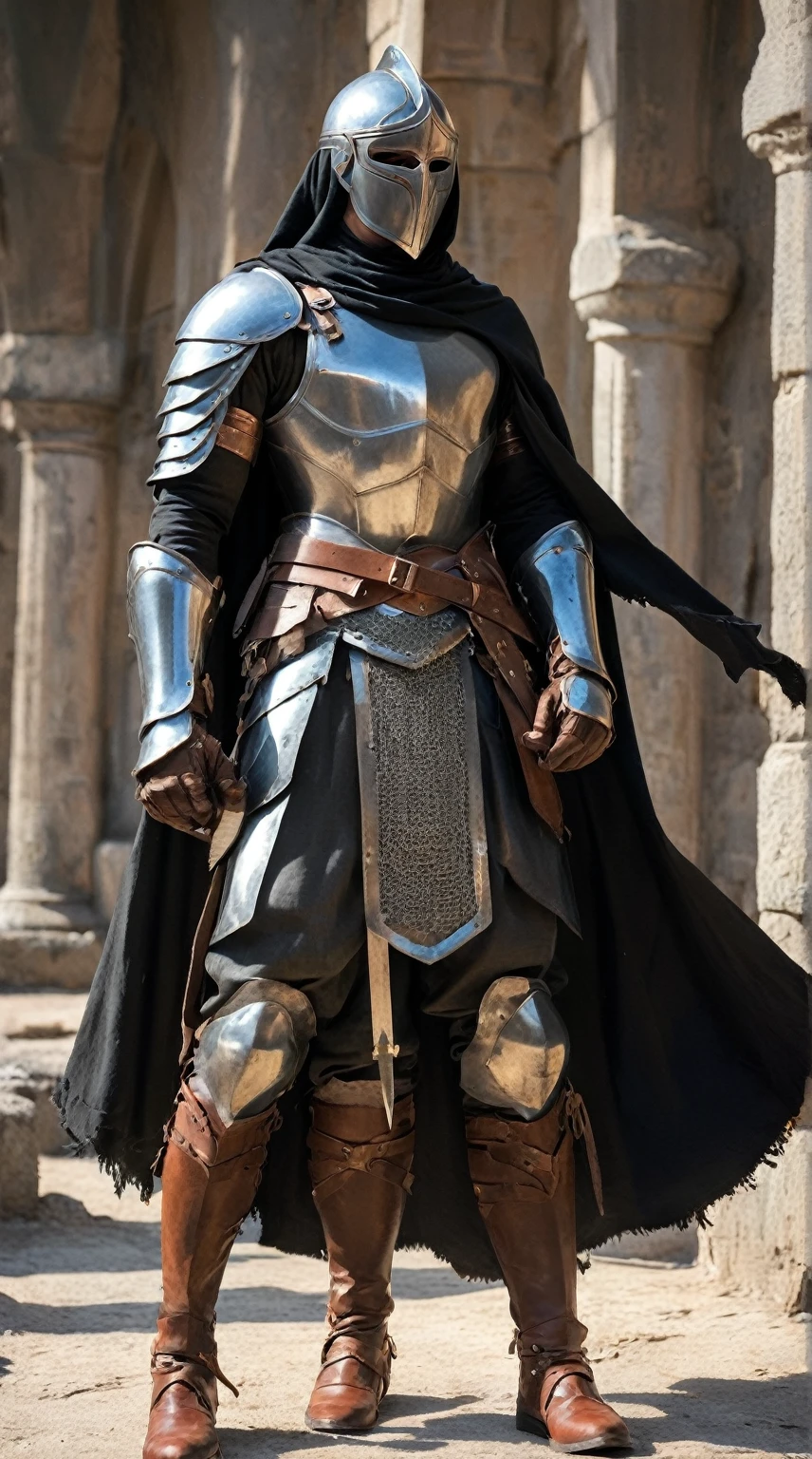 1boy, armor, light armor, Hauberk, black chainmail, brown pants, boots, copper armor, chestplate, bandolier, belts, shoulder plates, light shoulder armor, arm armor, leg armor, ragged cloak, ragged shouldercape, ragged skirts, black skirts, tattered scarf, black scarf, plain mask, fencing, rapier, buckler, Height=1.83m, BodyType=slim fit, masked, helmet, bandages, Middle Eastern inspiration, sultan's guard, mysterious appearance
