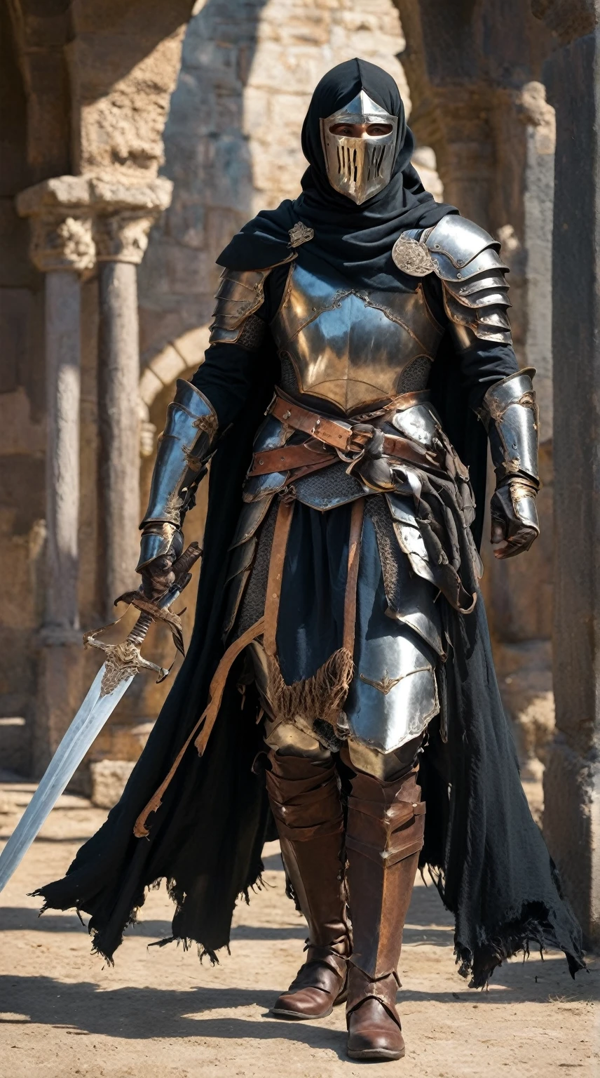 1boy, armor, light armor, Hauberk, black chainmail, brown pants, boots, copper armor, chestplate, bandolier, belts, shoulder plates, light shoulder armor, arm armor, leg armor, ragged cloak, ragged shouldercape, ragged skirts, black skirts, tattered scarf, black scarf, plain mask, fencing, rapier, buckler, Height=1.83m, BodyType=slim fit, masked, helmet, bandages, Middle Eastern inspiration, sultan's guard, mysterious appearance