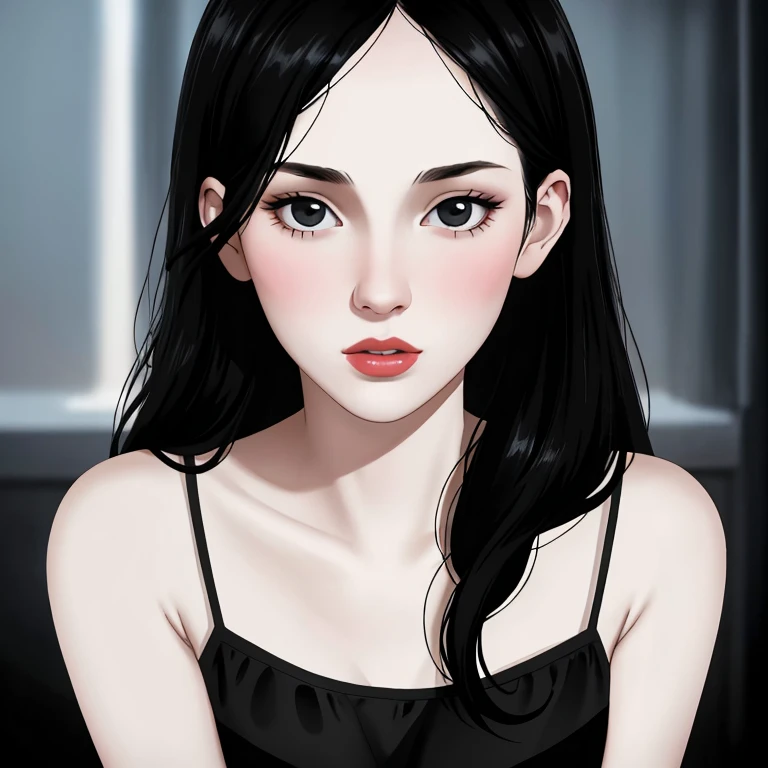 beautiful girl with realistic black eyes, pale skin, mid-length black hair, cum on perfect face, perfect eyes, wearing sheet sundress, highly detailed, comprehensive cinematic, digital painting, 8k, cinematic lighting, best quality, highres, detailed work, post-processing, perfect result, hyper realistic
