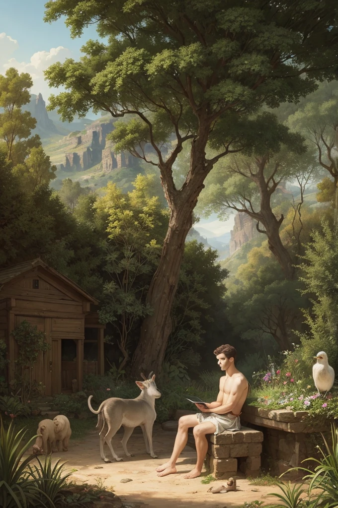 Adam in the Garden of Eden alone and watching the animals. With drawing details 