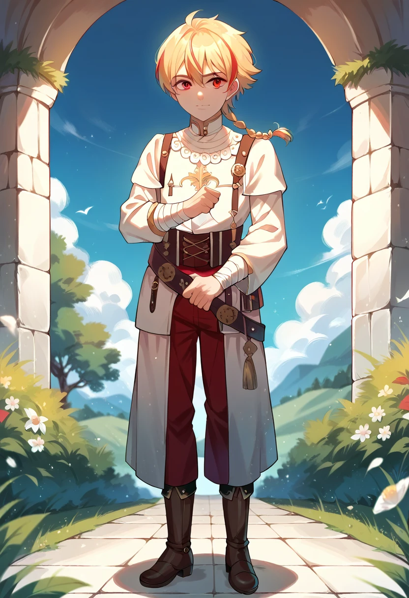 best quality, masterpiece, anime boy , young boy, 24 years old,  1boy, , short hair, cute face, perfect shot, perfect anatomy, medieval, white background, full body, solo boy, 4k, high resolution , detailed face, detailed eyes, red eyes, standing, single braid