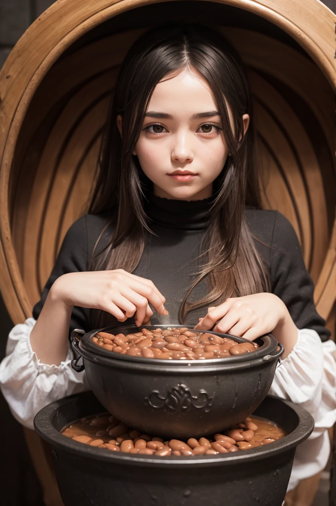 Girl being cooked in a cauldron full of beans while touching her breasts with her hands
