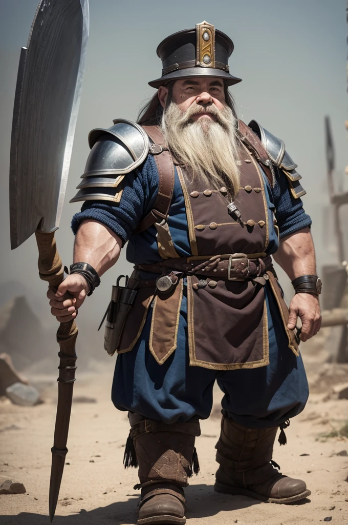 A dwarf in armor, mic, masculine, with an ax and a hat, not cartoon style