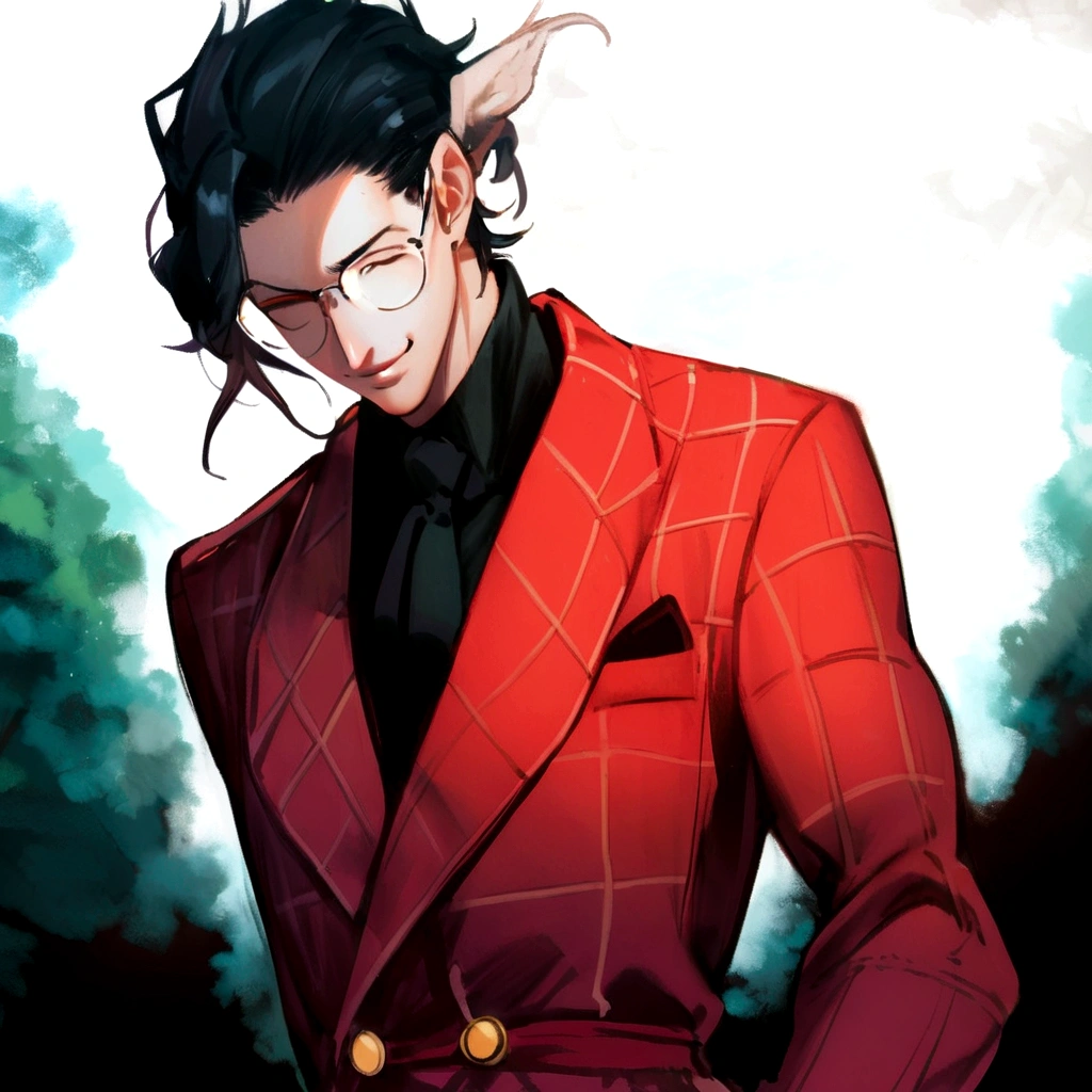 Glasses, tunic , sarcastic smile,