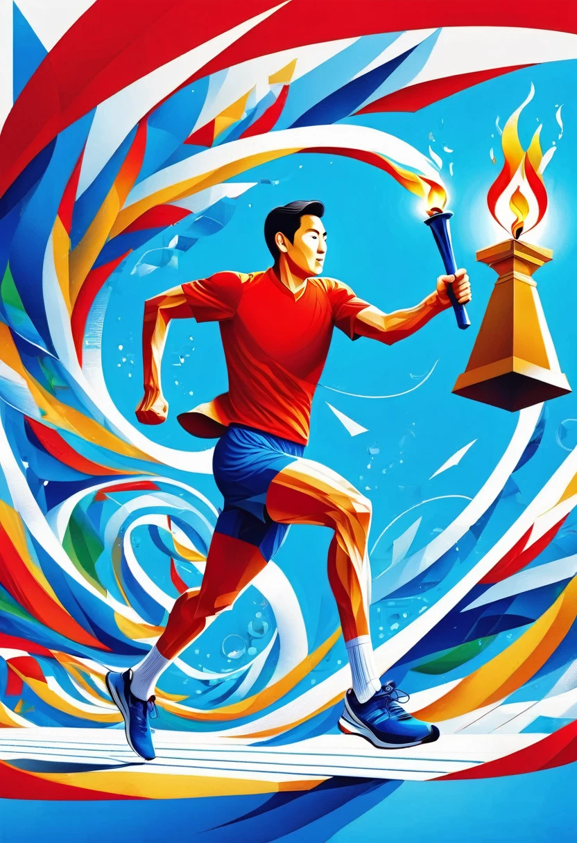 1 person, sock, sports shoes, Red shorts, Blue shirt,holding a torch，Olympic torch,geometry, Art, beautiful, rich and colorful, masterpiece, Top quality, best quality, official Art, beautiful and aesthetic, running, running track, track and field, bloom, track, Race, Asia, whole body.