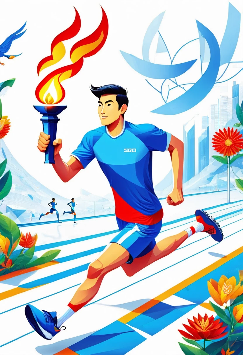 1 person, sock, sports shoes, Red shorts, Blue shirt,holding a torch，Olympic torch,geometry, Art, beautiful, rich and colorful, masterpiece, Top quality, best quality, official Art, beautiful and aesthetic, running, running track, track and field, bloom, track, Race, Asia, whole body.