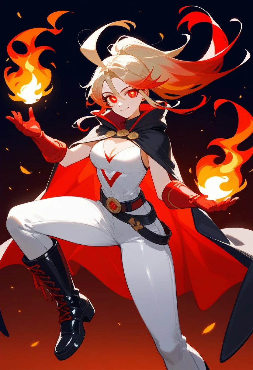 Woman,
Red eyes,
Flame-shaped pupils with a flickering inner light.
Red gradient hair fading to golden tips, tied in a sleek ponytail with two loose locks framing her face.
Chest Adornment : A stack of white feathers.
Top : Fitted, complements athletic build.
Waist : A belt accentuating her figure.
Tight white pants.
Black leg rings.
Long black boots.
Black and red gloves.
Cloak : Red with golden edges.
Personality and Background :
Confident, bold, and fiercely independent.
Leader with a compassionate heart and a deep sense of justice and spirit of a fighter
From a lineage of warriors, trained in combat and strategy.
Possesses fire manipulation abilities.
Motivated to protect her homeland and uphold her family's legacy.
