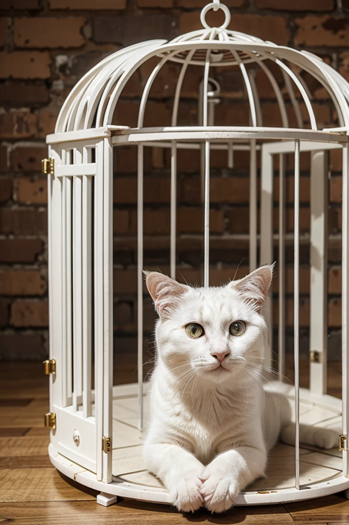 a white cat locked in a cage