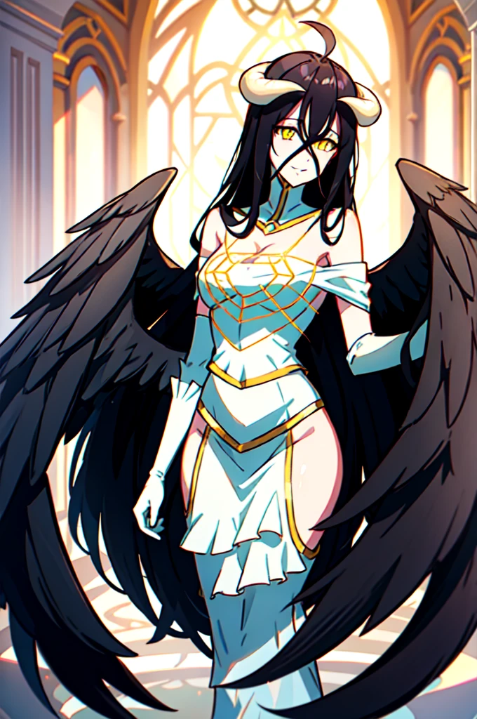 albedow, albedowings, medium breasts, long black hair, yellow eyes, white dress, white elbow gloves, looking at viewer, evil smile, parted lips, cowbot shot, indoors, marble floor , naked, , young