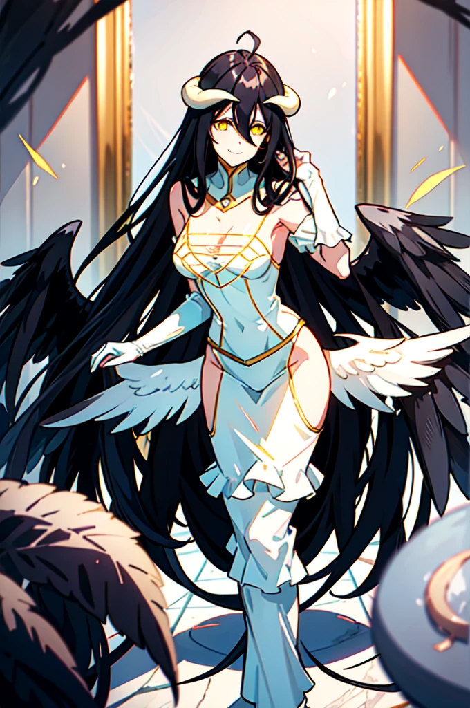 albedow, albedowings, medium breasts, long black hair, yellow eyes, white dress, white elbow gloves, looking at viewer, evil smile, parted lips, cowbot shot, indoors, marble floor , naked,   , young 