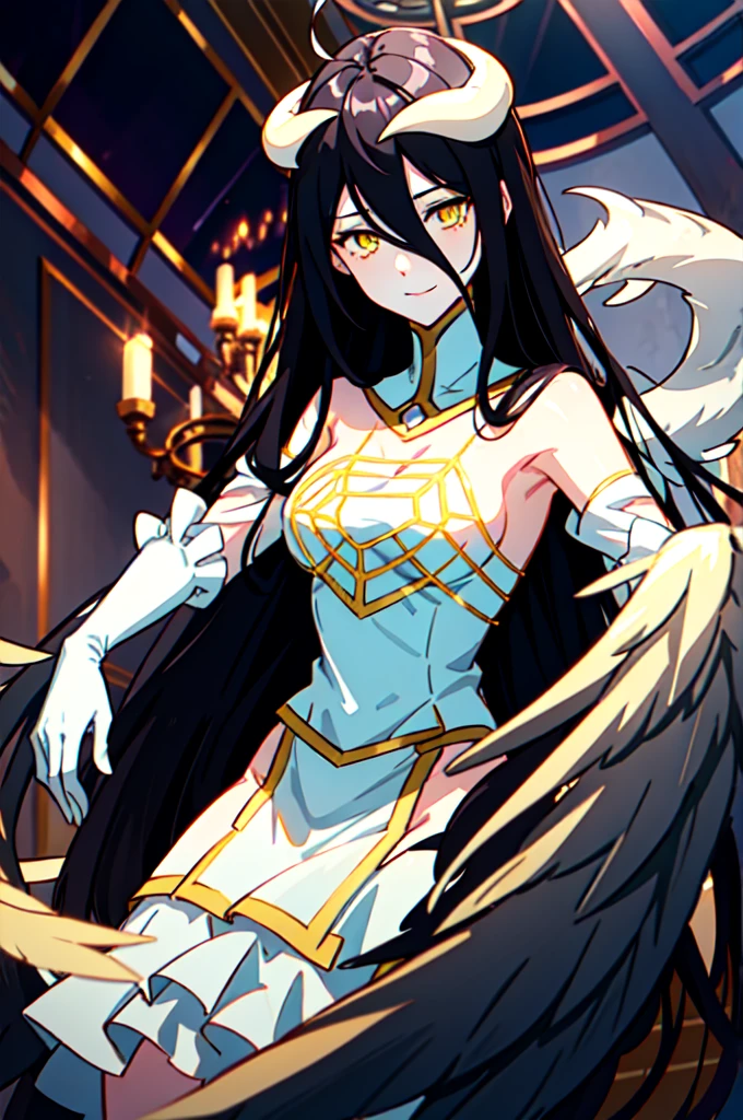 albedow, albedowings, medium breasts, long black hair, yellow eyes, white dress, white elbow gloves, looking at viewer, evil smile, parted lips, cowbot shot, indoors, marble floor , naked, , young