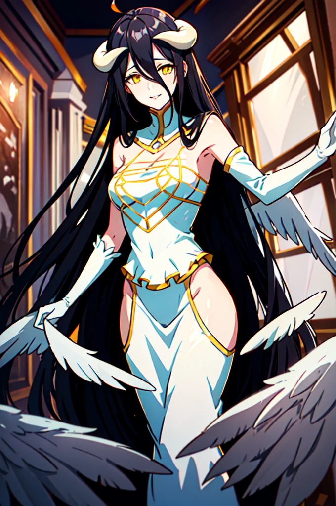 albedow, albedowings, medium breasts, long black hair, yellow eyes, white dress, white elbow gloves, looking at viewer, evil smile, parted lips, cowbot shot, indoors, marble floor , naked, , young