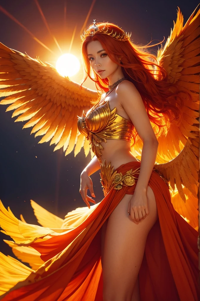 a sun queen with beautiful wings and fiery hair