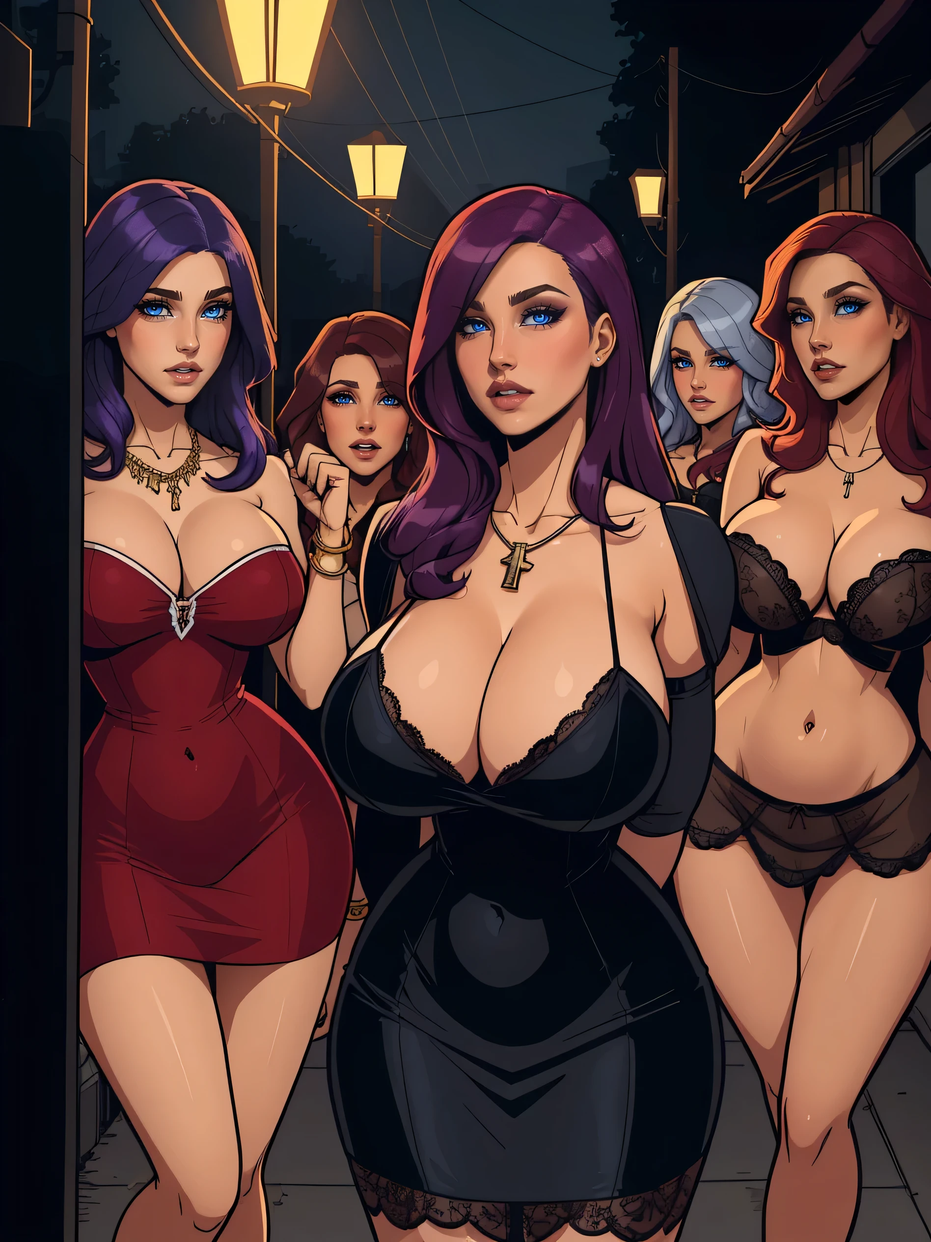 high quality, very detailed, 8k, character design, (realistic cartoon, intricate details), 2.5 D, cartoon animation style, dead or alive character, 4 american women, 4 milf women, 4 women in 1 single image, USA girls, different hair color, red hair, blue hair,black hair, brown hair, white hair, purple hair, different hairstyle, short, medium, long, silky, different hair length, different eye shapes and eye colors, different facial features, american female facial features, all having different skin tones, all wearing elite party female slutty dresses with necklace, bangles and garters, slutty and revealing dresses, all having curvaceous figure and XL huge breasts, strong thighs, toned stomach, all slutty party dresses with bodies drenched in semen, drowned in cum, giving lusty expressions, night city in background, standing under a street light, sharp light focus, light and shadow