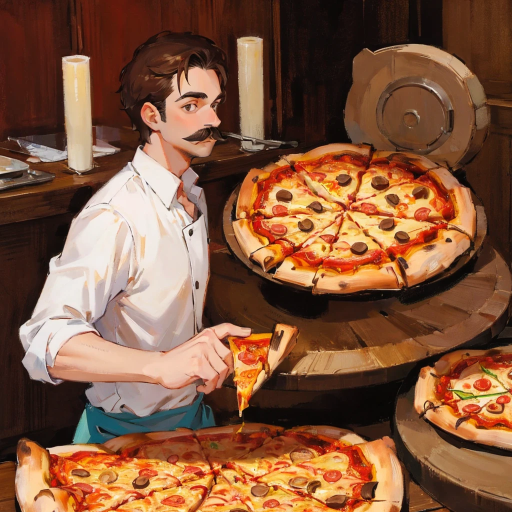 1guy, 30 years old, (pizza maker), brown hair, moustache.