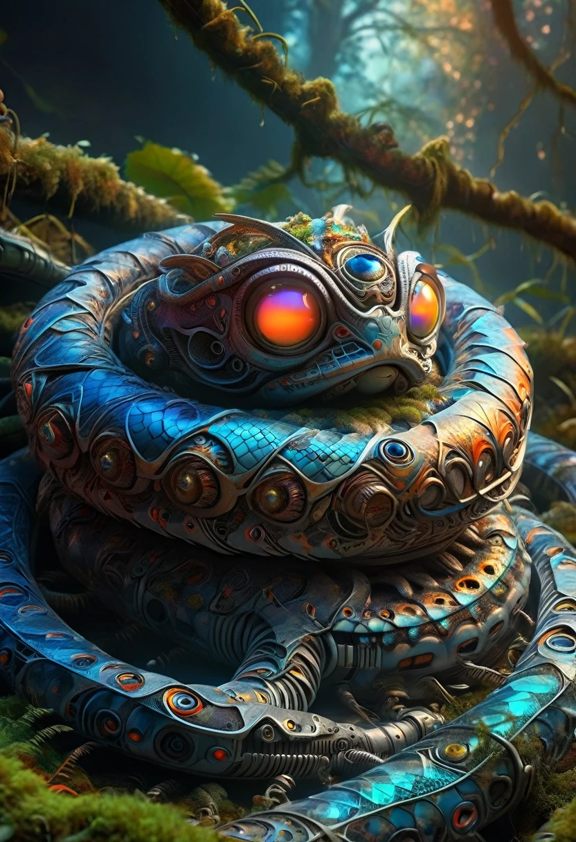 Image of a futuristic, cyberpunk boa constrictor looking directly at the camera with a penetrating and mesmerizing gaze. Its head appears to be in motion, creating a dynamic effect. The eyes shine intensely with a digital glow, and the details are incredibly sharp. The boa's metallic skin appears wet, reflecting light beautifully and showcasing a vibrant array of colors. It is wrapped around a beautiful tree adorned with moss and mushrooms. The image is colorful, with sunbeams filtering through the leaves, making the colors exceptionally vibrant. The ultra-detailed 4K quality captures the scene perfectly, evoking the beauty and intensity of an Ayahuasca vision, blended with a futuristic cyberpunk aesthetic