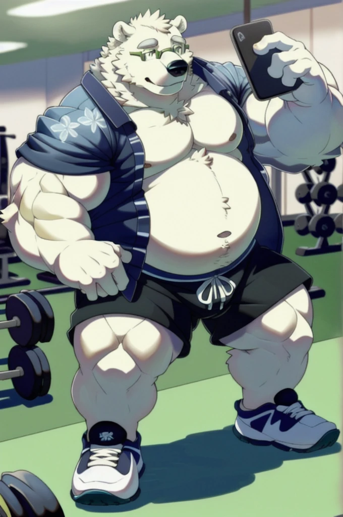 leib \(tas\), polar bear, off white fur, off white fluffy short hair, leib \(tas\), bear, mammal, polar bear, ursine, anthro, cellphone, selfie, gym shorts, shirtless, eyewear, gym shoes, foot fetish, footwear, glasses, hindpaw, kemono, male, gym, chubby male, phone, gym shoes, shirtless and topless, shorts, smartphone, solo, toes, topwear, unbuttoned open floral shirt,
