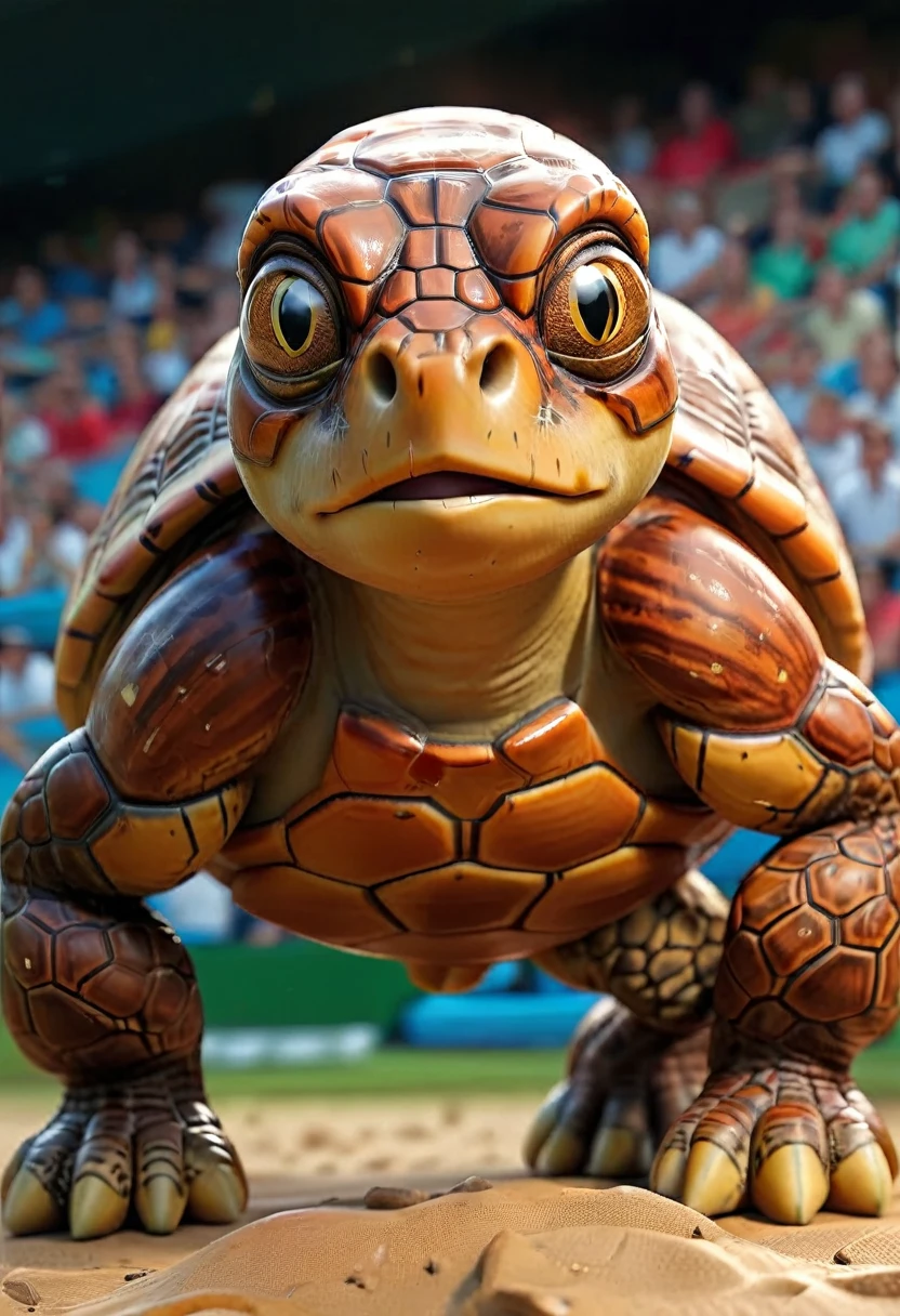 a close up shot on a ((anthmorph turtle: 1.5)) sprinter in a running lane getting ready to sprint in the Olympics, tense look, getting ready to sprint, (best detailed face: 1.3), lean muscled body, sweat beads on forehead, (wearing athletic shirt, pants and sneakers: 1.2), (anatomically correct: 1.4), (full body shot: 1.1) , vibrant, Ultra-high resolution, High Contrast, (masterpiece:1.5), highest quality, Best aesthetics), best details, best quality, highres, ultra wide angle, 16k, [ultra detailed], masterpiece, best quality, (extremely detailed), Cinematic Hollywood Film, Anthro... woman