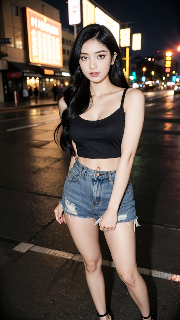 A sexy girl, wavy hair, eyeshadow, eyeliners, eyelash, double eyelid, blush on, braless, wearing bra and ripped short pants jeans, stilettos, high heels, seductive pose, night at downtown sidewalk, front view, standing on the floor, dynamic lighting, masterpiece, ultra detailed, movie scene, dramatic photo, perspective, vignette, cinematic