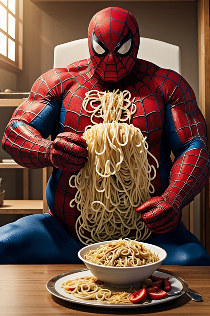 Generate A big and fat Spiderman Eating the Noodles and also show his Stomach