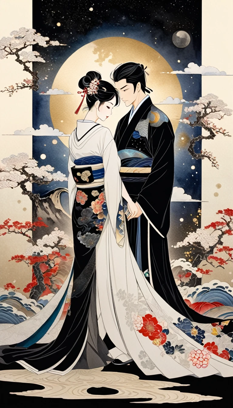 best quality, super fine, 16k, 2.5D, delicate and dynamic depiction, man and woman standing close together in harmony, so beautiful, attractive and seductive expression, detailed decorated background, elegant effects, fusion of watercolors and oil paintings, fusion of paper cutting and shadow puppetry, mix of monochrome and color, mix of Japanese painting, ukiyo-e and woodblock prints, ink, shading, gradation, artwork with vibrant colorful colors, detailed decorated backgrounds, wet in wet, water splash, Japanese paper quality, (background space galaxy:1.5)