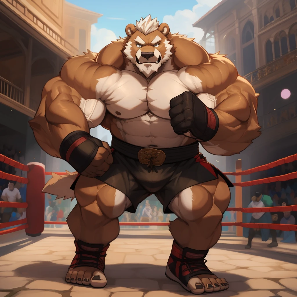 solo, 1boy, Huge Muscular Old Grizzly Bear wearing kickboxing MMA belt , thick pectoral, thick arms, huge pectoral, wide pectoral, hige brown fur, short white hair, Kickboxing MMA shorts, kickboxing MMA gloves, Kickboxing MMA Footwear 5 toes and shirtless, bearded, Kickboxing Martial Arts Cage Tournament background, masterpiece, semirealistic:1.2, high detailed, 8k, high resolution, kicking and punching