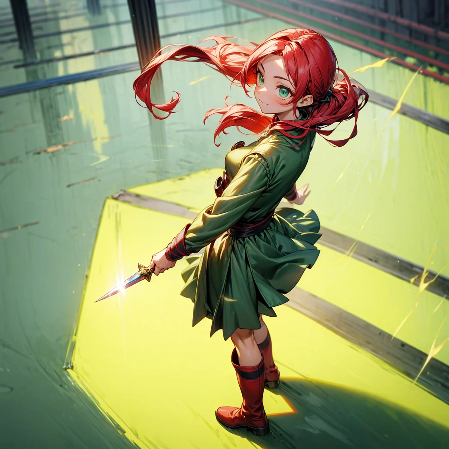 1childern girl, Full body version, 1character, green eyes color, long hairstyle, red colour hair, soldier style clothing, Long skirt, long socks, long boots, red earrings, two gold sword in two hand, full armors in body, full background, Grassroots, background in town, motion blur, shadow, standing gesture, sword emits a black aura, smoke, blue fire, lighting sword, lighting hologram, satan, lighting blue fire, (Hunter x Hunter style art)