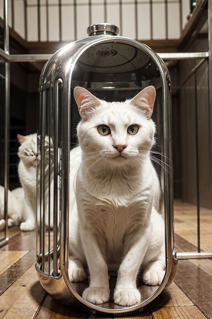 a very scared white cat , locked in a cage 