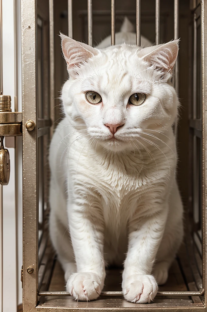 a very scared white cat , locked in a cage 