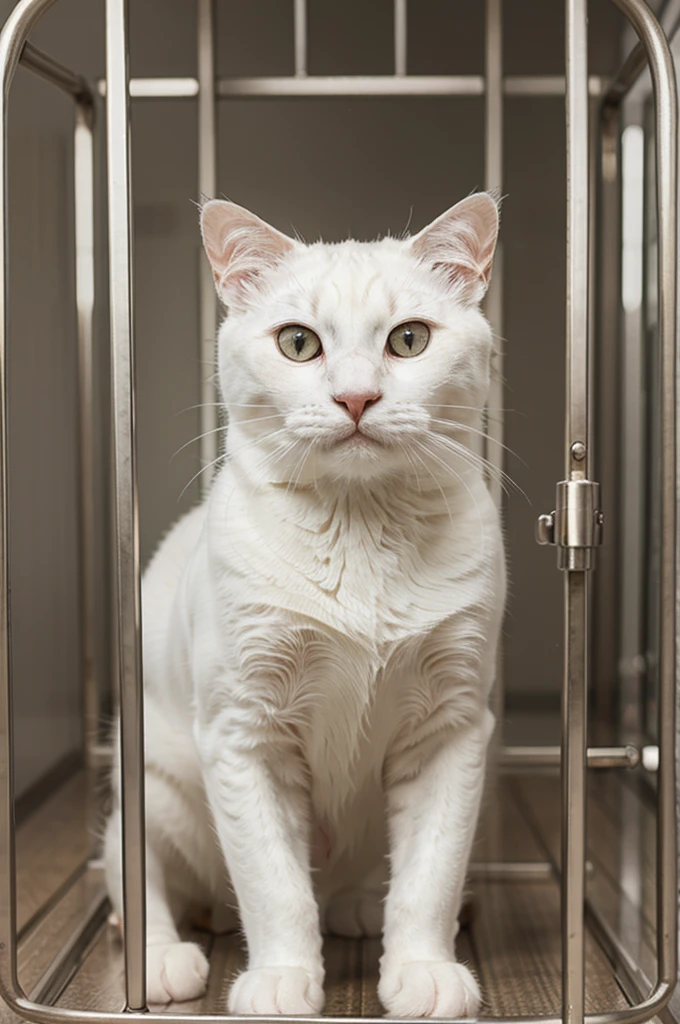 a very scared white cat , locked in a cage