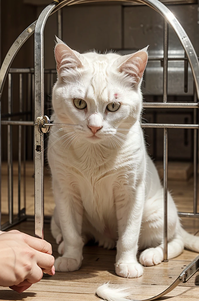 a very scared white cat , locked in a cage