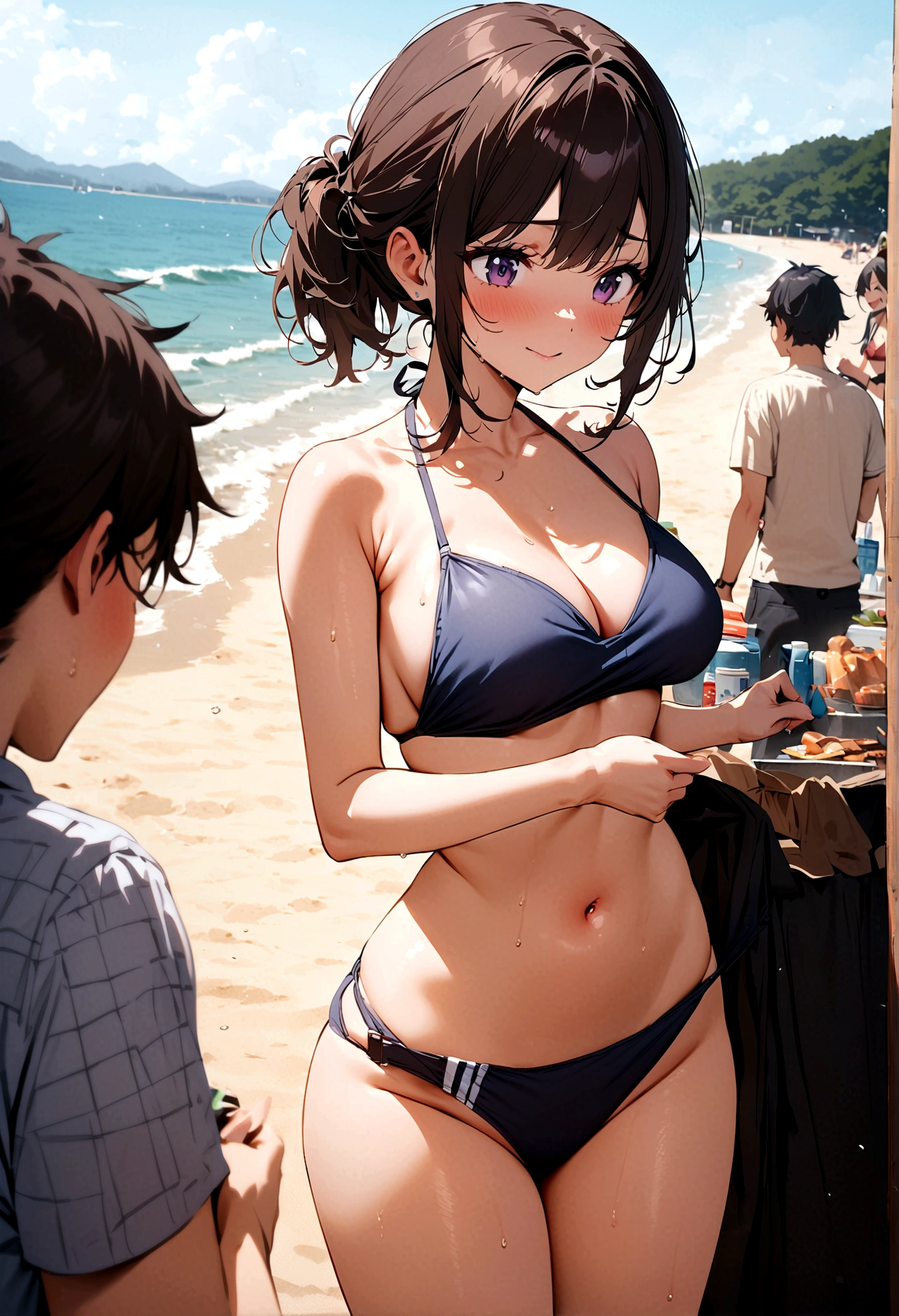 Highest quality,masterpiece,university student,Newcomer Welcome BBQ,Beach,Japan,Dark hair color,Losing a strip game and taking off her swimsuit