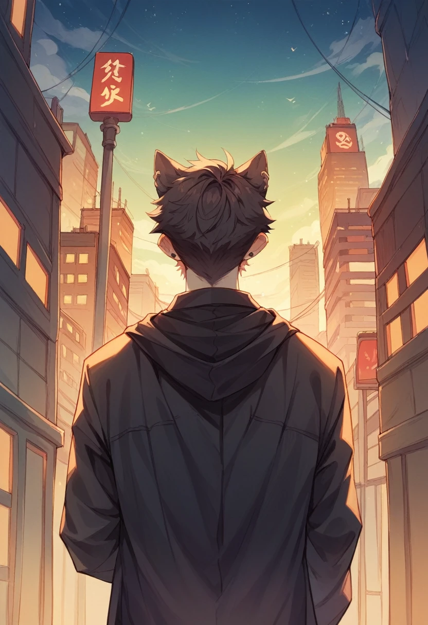wolf's ears、fluffy white short hair、ear piercing、red eyesblack patch on right cheek、young man、Esbian everywhere、Rear view、long overcoat、Orange cityscape at night、