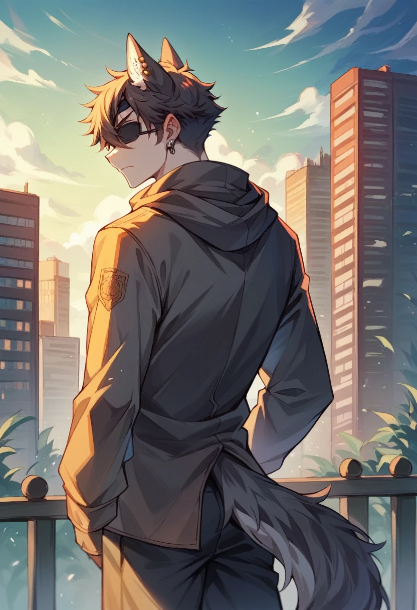 wolf's ears、fluffy white short hair、ear piercing、red eyesblack patch on right cheek、young man、Esbian everywhere、Rear view、long overcoat、Orange cityscape at night、