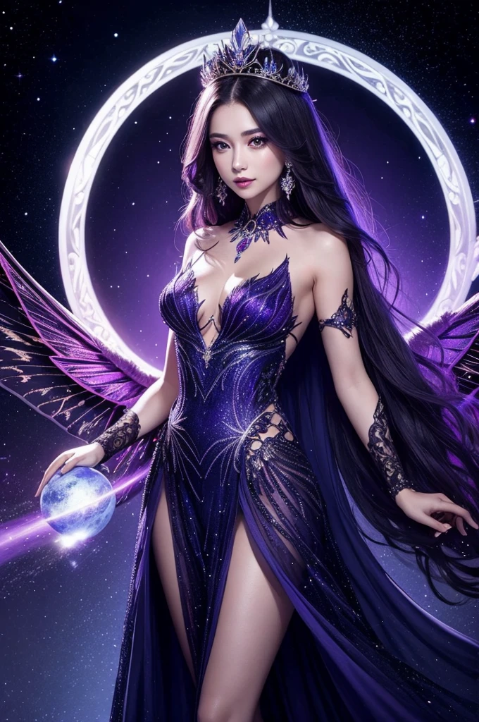 a queen of the night with beautiful wings, long dress and hair that looks like the galaxy