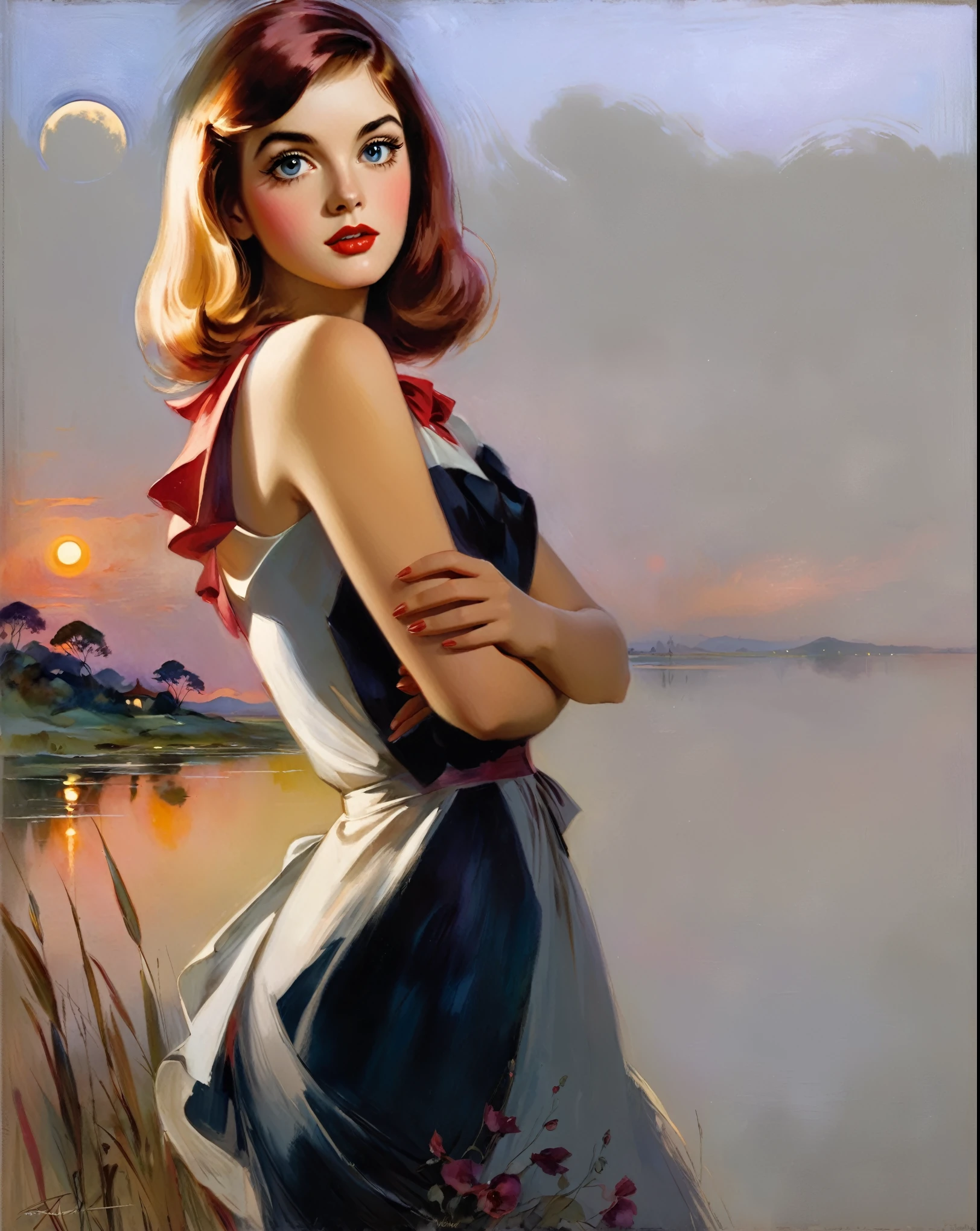 [(front portrait: young Martha Mansfield with big eyes and a short red bob)((Harrison Fisher style))):20]/[background:landscape
 Baroque (moonlight sunset), style Rafael Santi], very colorful,((oil painting)),((masterpiece)),single shot